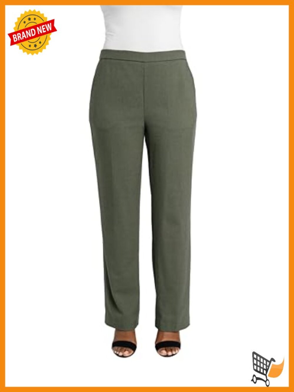 Pull On Straight Leg Woolie Pants High Rise Elastic Waist Work Slacks